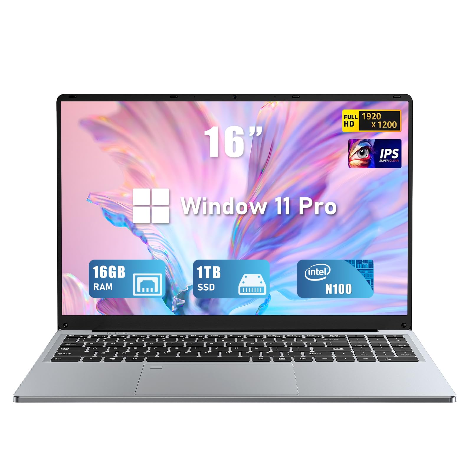 FUNYET Gaming Laptop | 16 Inch FHD Display (1920 x 1200) | 12th N100 Laptop Computer | 16GB RAM 1TB SSD | Supports 180 Angle Opening | Bluetooth | Backlit Keyboard | Windows 11 Pro.